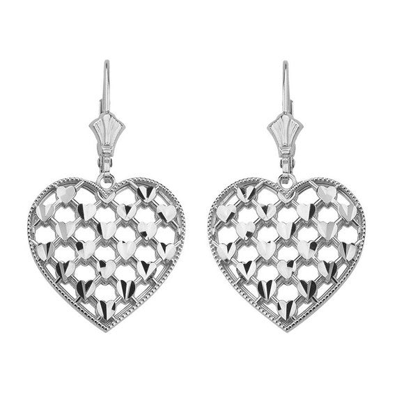 Double Layered Woven Hearts Filigree Heart Shaped Drop Earring Set(Available in Yellow/Rose/White Gold)