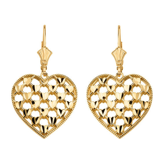 Double Layered Woven Hearts Filigree Heart Shaped Drop Earring Set(Available in Yellow/Rose/White Gold)