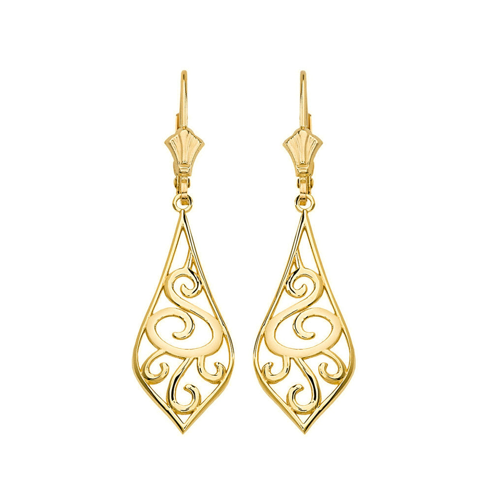 Solid Gold Teardrop Filigree Tribal Drop Earring Set 1.42