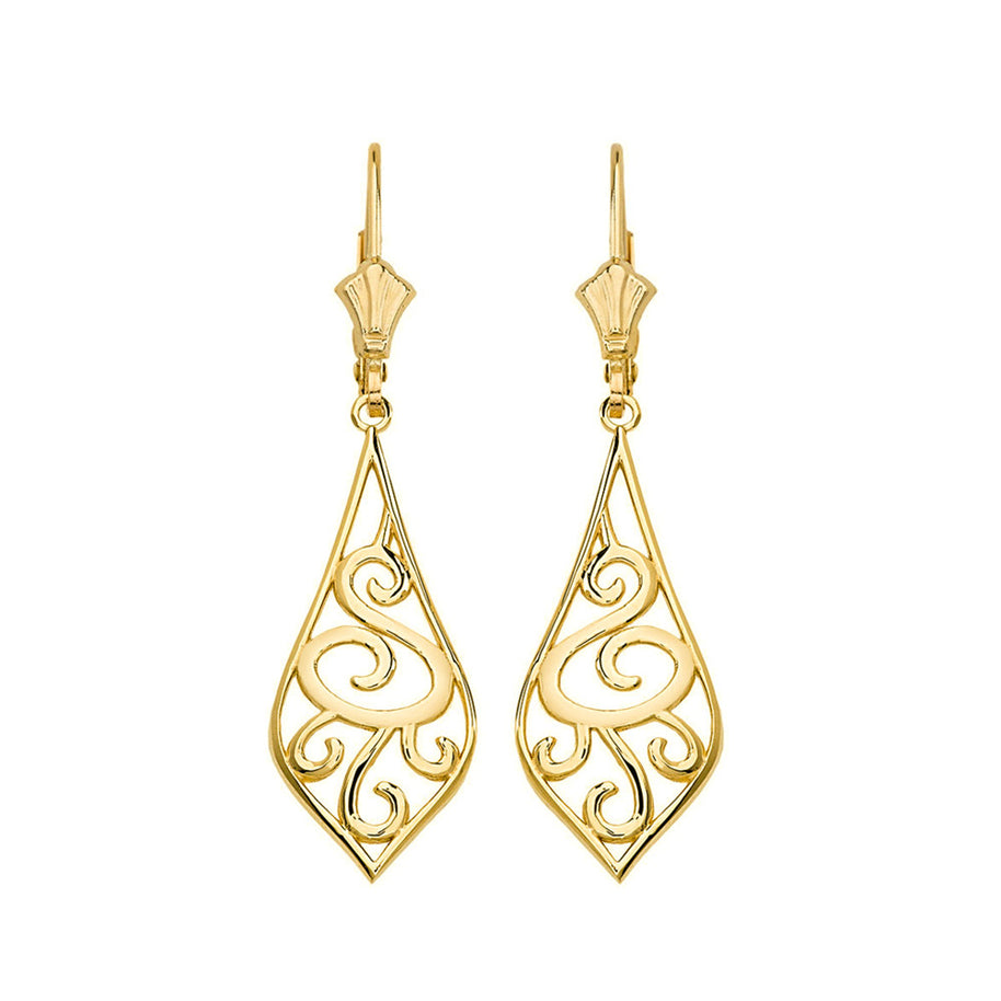 Solid Gold Teardrop Filigree Tribal Drop Earring Set 1.42" (36mm)(Available in Yellow/Rose/White Gold)