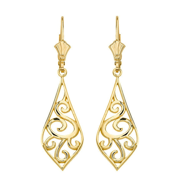 Solid Gold Teardrop Filigree Tribal Drop Earring Set 1.67" (42 mm)(Available in Yellow/Rose/White Gold)