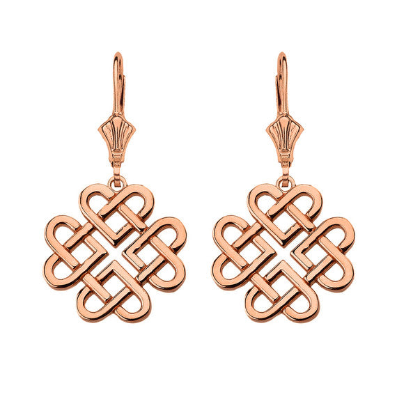 14K Solid Rose Gold Woven Celtic Hearts Drop Earring Set