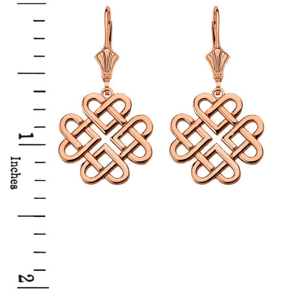 14K Solid Rose Gold Woven Celtic Hearts Drop Earring Set