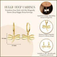 Yellow Gold Dragonfly Nature Drop Huggie Hoop Earrings