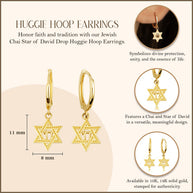 Yellow Gold Jewish Chai Star Of David Drop Huggie Hoop Earrings