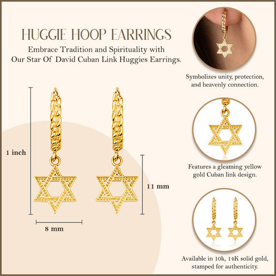 Yellow Gold Jewish Star Of David Textured Cuban Link Huggie Hoop Earrings