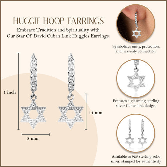 .925 Sterling Silver Jewish Star Of David Textured Cuban Link Huggie Hoop Earrings