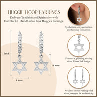.925 Sterling Silver Jewish Star Of David Textured Cuban Link Huggie Hoop Earrings