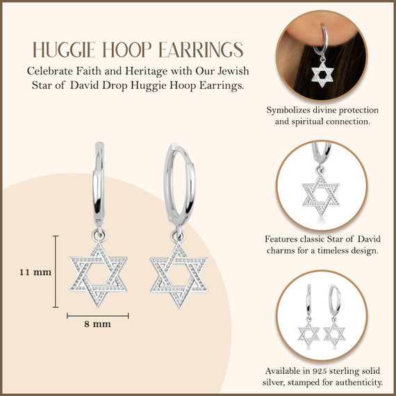 .925 Sterling Silver Jewish Star Of David Textured Drop Huggie Hoop Earrings