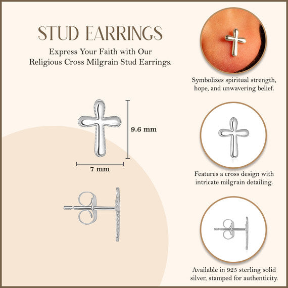 .925 Sterling Silver Religious Cross Milgrain Stud Earrings