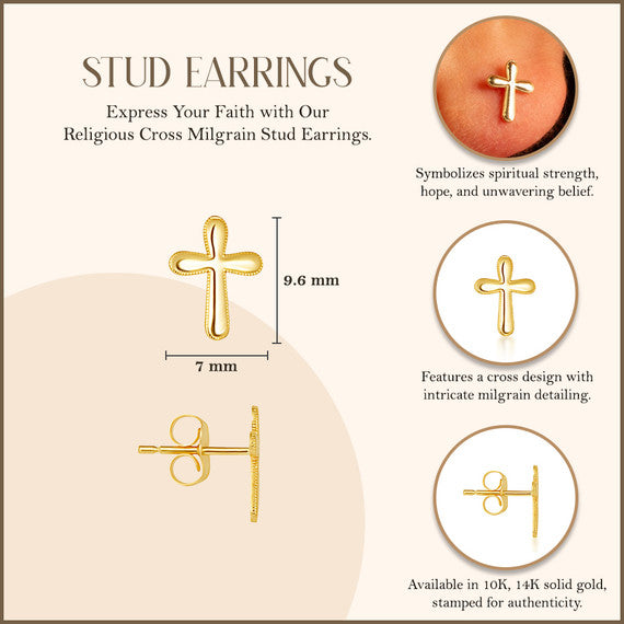 Yellow Gold Religious Cross Milgrain Stud Earrings