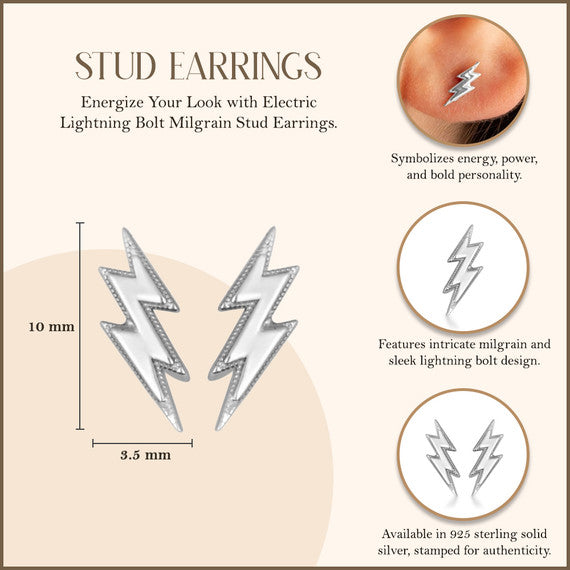 .925 Sterling Silver Lightning Bolt Electric Milgrain Stud Earrings