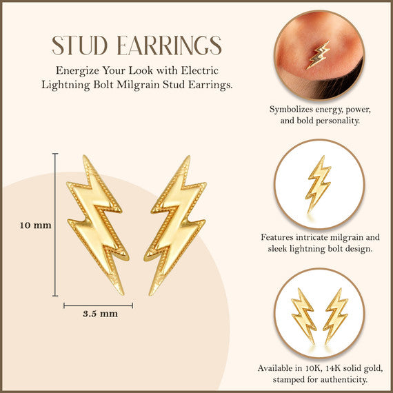 Yellow Gold Lightning Bolt Electric Milgrain Stud Earrings