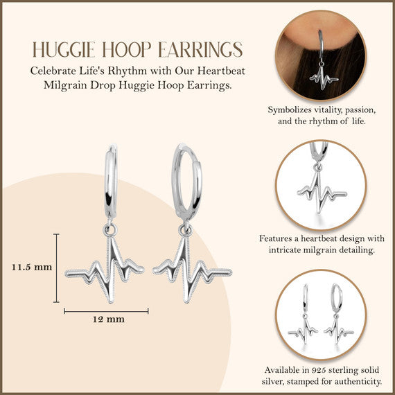 .925 Sterling Silver Heartbeat Pulse Milgrain Drop Huggie Hoop Earrings