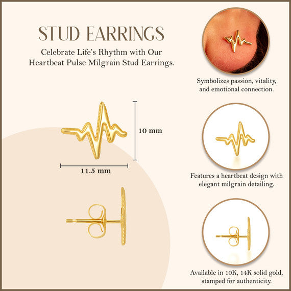 Yellow Gold Heartbeat Pulse Milgrain Stud Earrings
