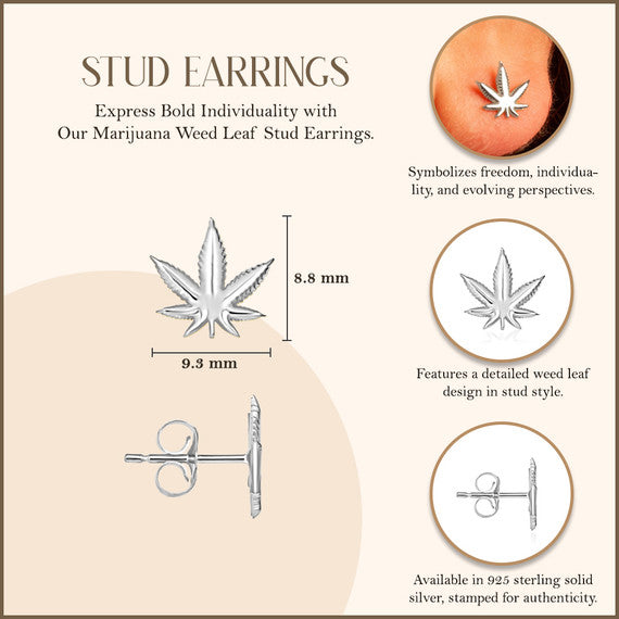 .925 Sterling Silver Marijuana Weed Leaf Stud Earrings