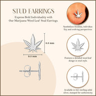 .925 Sterling Silver Marijuana Weed Leaf Stud Earrings