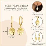 Yellow Gold Roaring Lion Drop Huggie Hoop Earrings