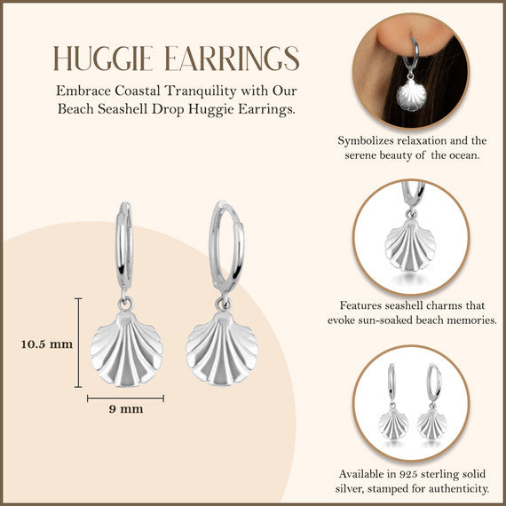 .925 Sterling Silver Beach Seashell Drop Huggie Hoop Earrings