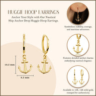 Yellow Gold Nautical Ship Anchor Huggie Hoop Earrings