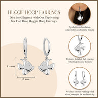 .925 Sterling Silver Fish Drop Huggie Hoop Earrings