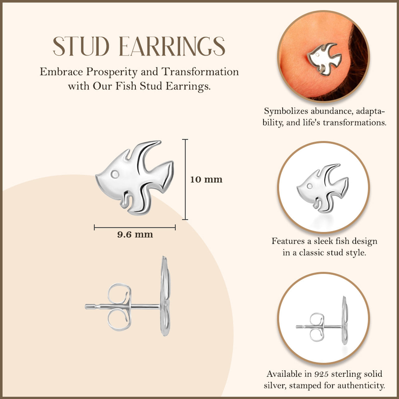 .925 Sterling Silver Fish Stud Earrings
