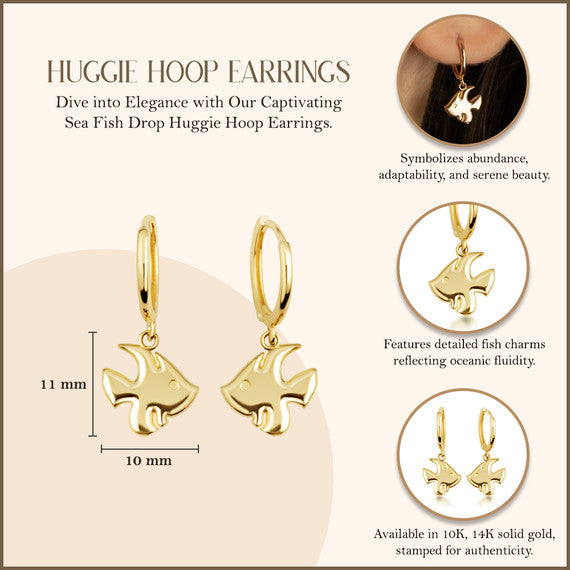 Yellow Gold Fish Drop Huggie Hoop Earrings