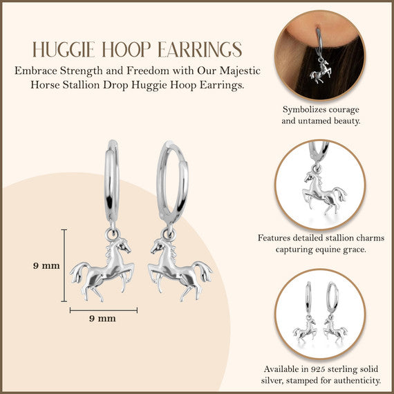 .925 Sterling Silver Horse Stallion Drop Huggie Hoop Earrings