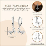 .925 Sterling Silver Horse Stallion Drop Huggie Hoop Earrings