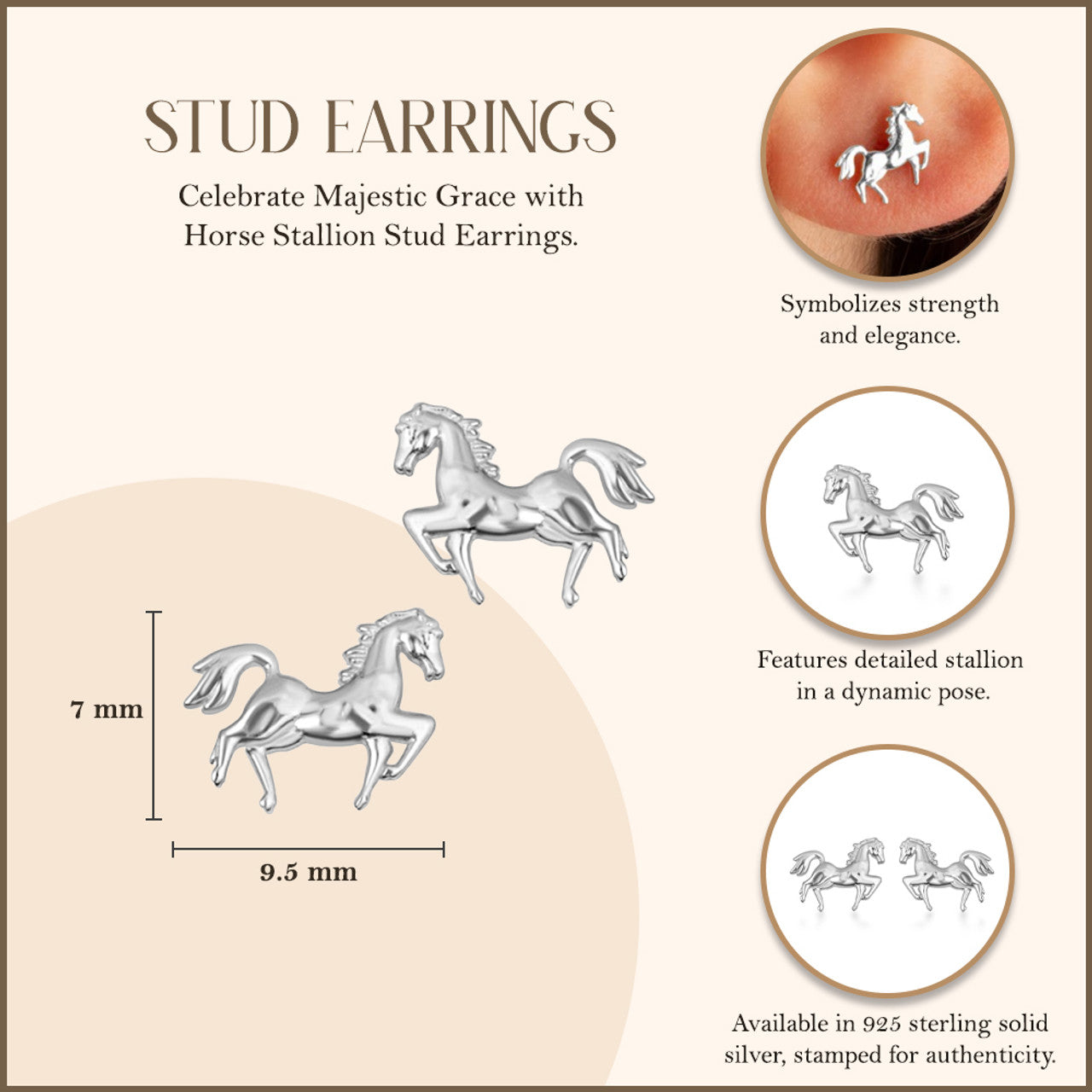.925 Sterling Silver Horse Stallion Stud Earrings