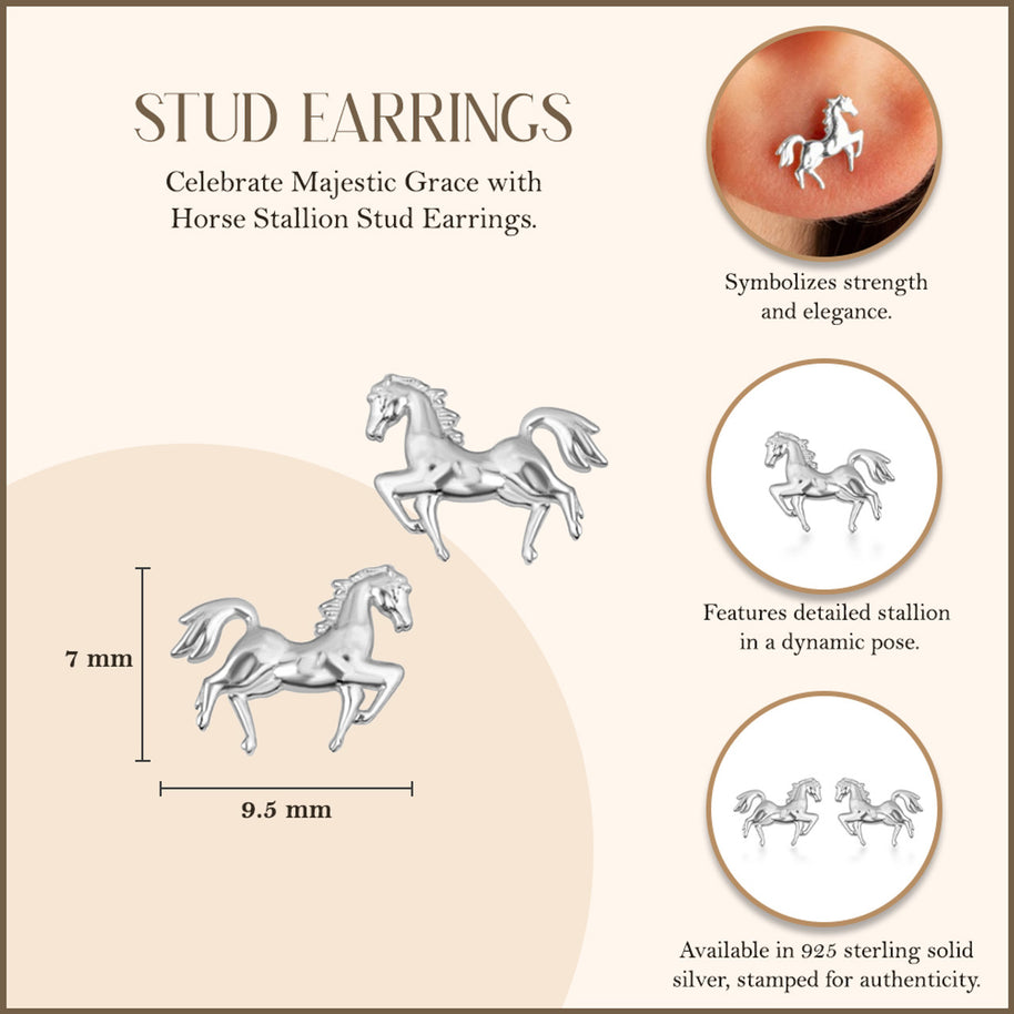 .925 Sterling Silver Horse Stallion Stud Earrings