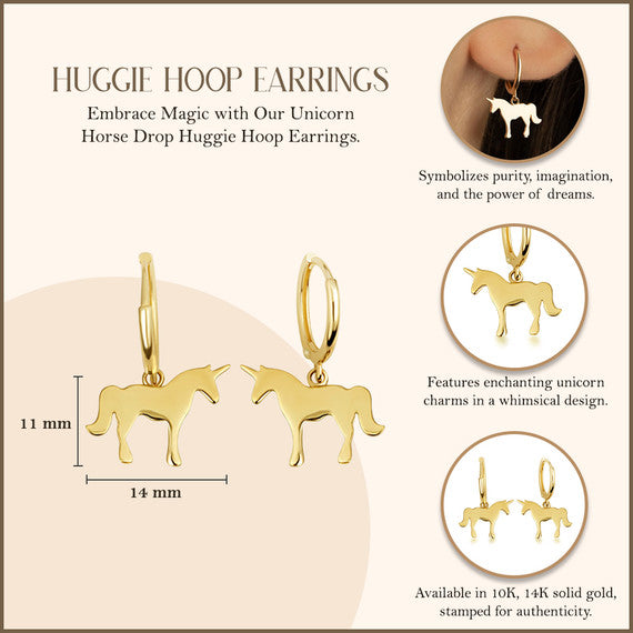 Yellow Gold Unicorn Horse Drop Huggie Hoop Earrings