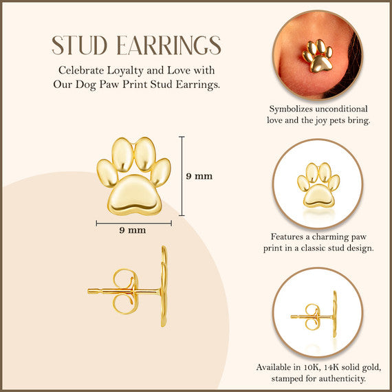 Yellow Gold Dog Paw Print Stud Earrings