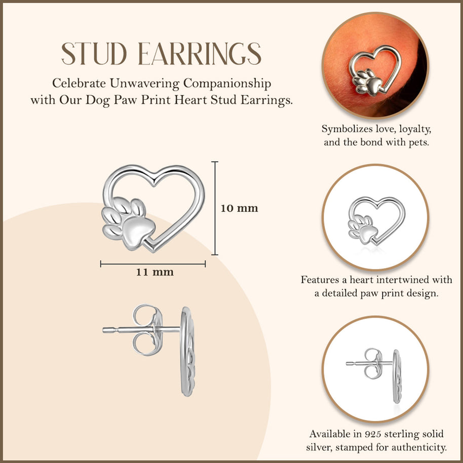 .925 Sterling Silver Dog Paw Print Heart Stud Earrings