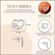 .925 Sterling Silver Dog Paw Print Heart Stud Earrings
