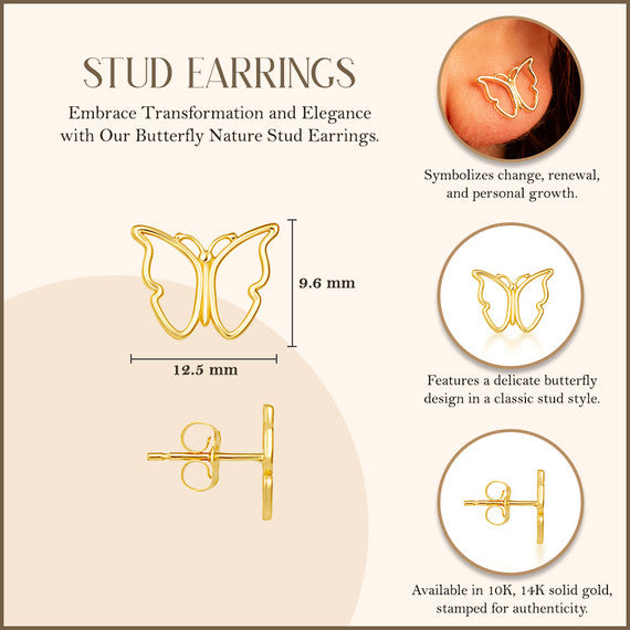 Yellow Gold Butterfly Nature Stud Earrings