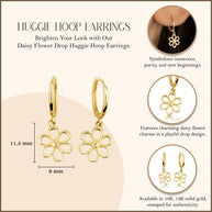 Yellow Gold Daisy Flower Drop Huggie Hoop Earrings
