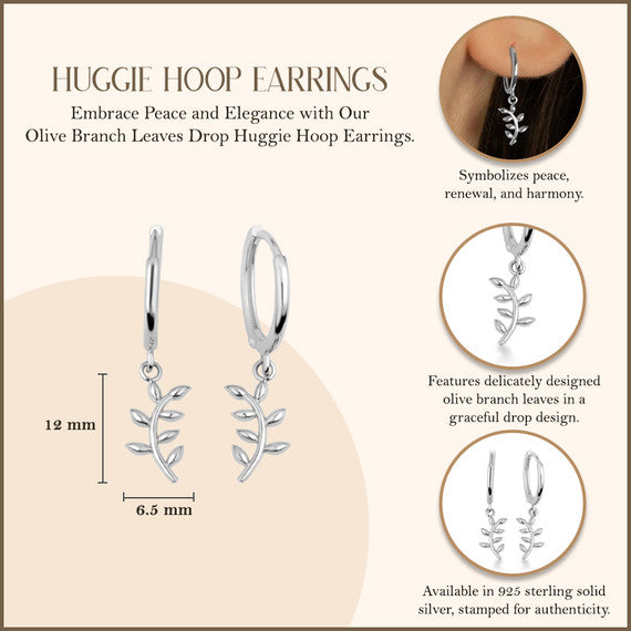.925 Sterling Silver Olive Branch Leaves Huggie Hoop Earrings