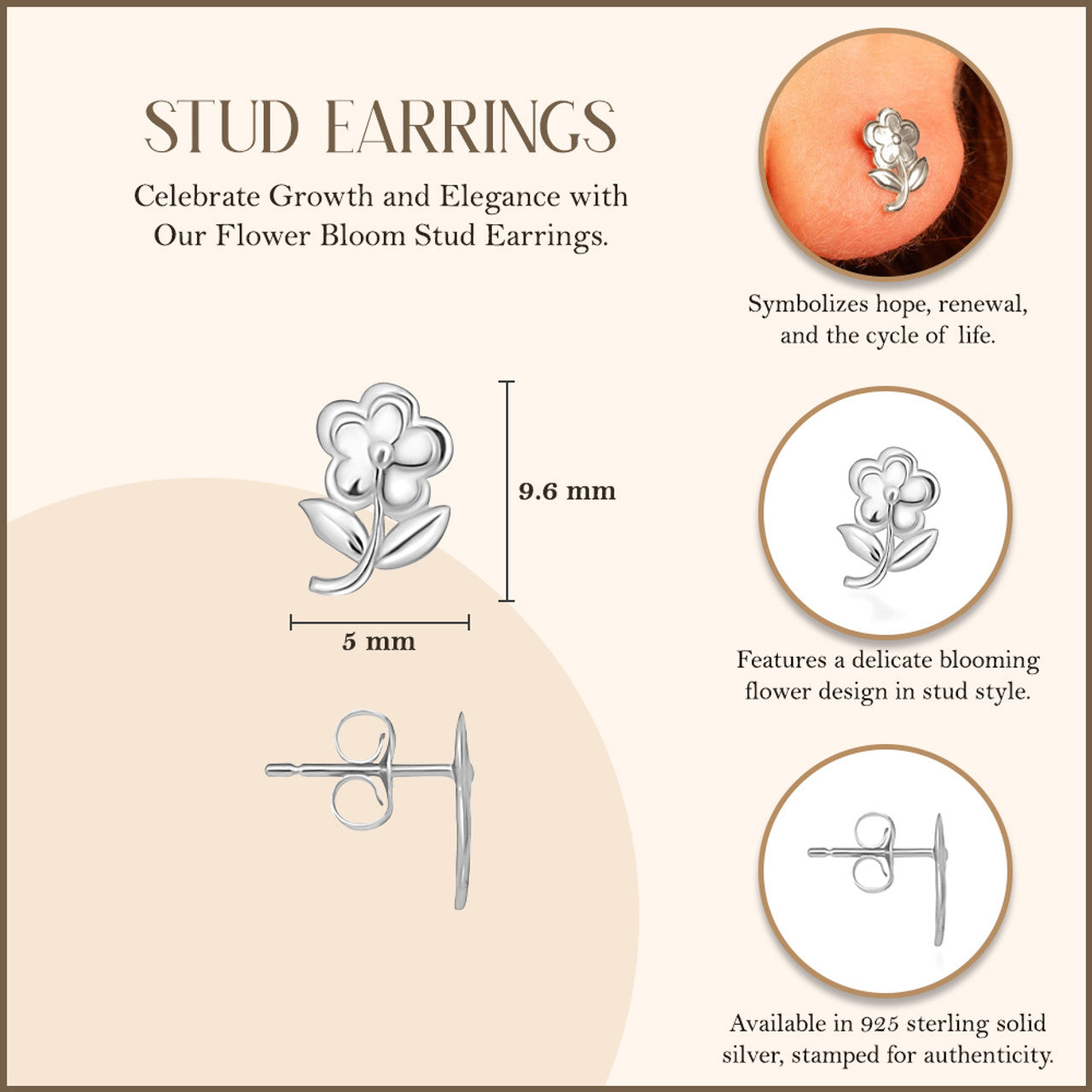 .925 Sterling Silver Flower Daisy Stud Earrings