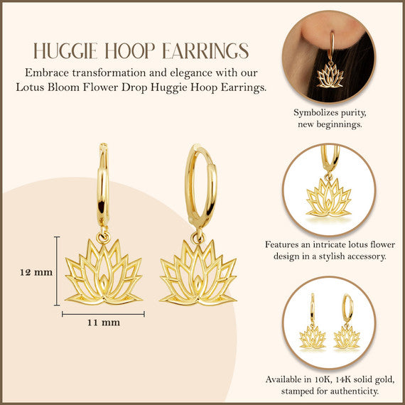 Yellow Gold Lotus Bloom Flower Drop Huggie Hoop Earrings