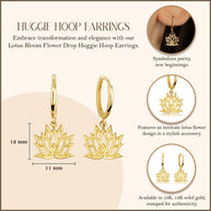 Yellow Gold Lotus Bloom Flower Drop Huggie Hoop Earrings