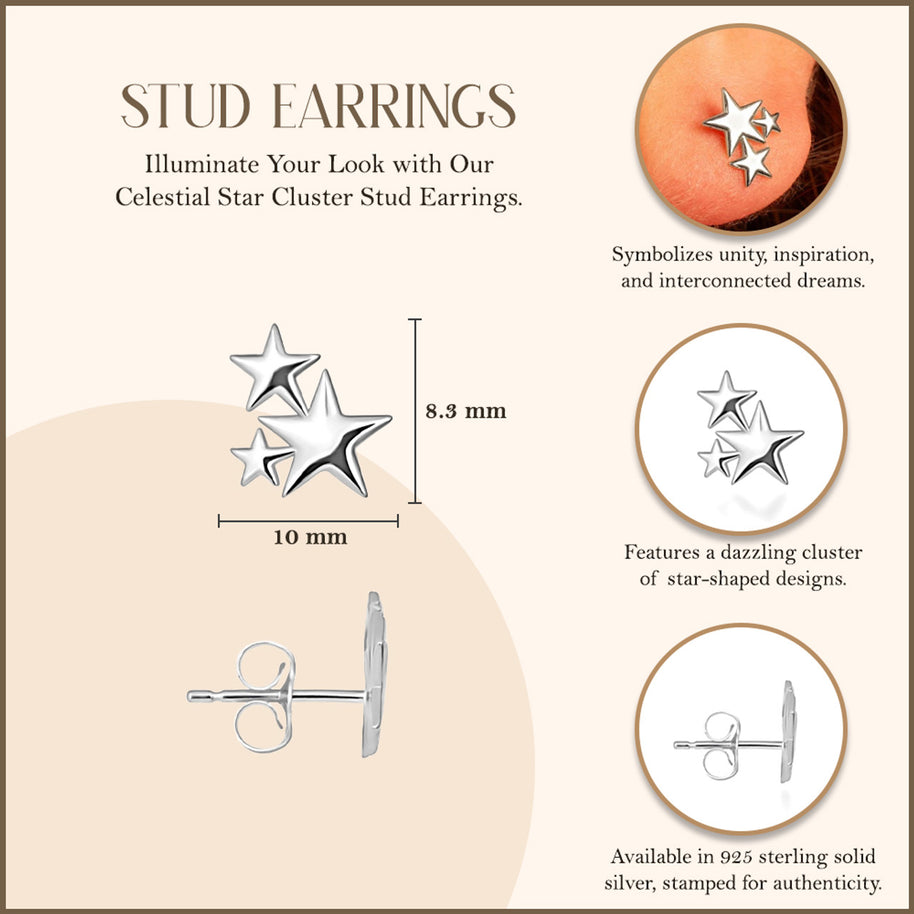 .925 Sterling Silver Star Cluster Stud Earrings