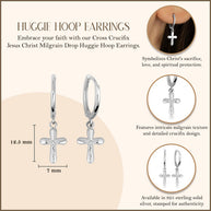 .925 Sterling Silver Cross Crucifix Jesus Christ Milgrain Drop Huggie Hoop Earrings