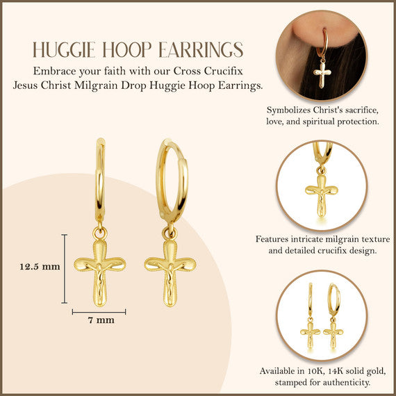 Yellow Gold Cross Crucifix Jesus Christ Milgrain Drop Huggie Hoop Earrings