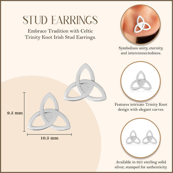 .925 Sterling Silver Celtic Trinity Irish Stud Earrings