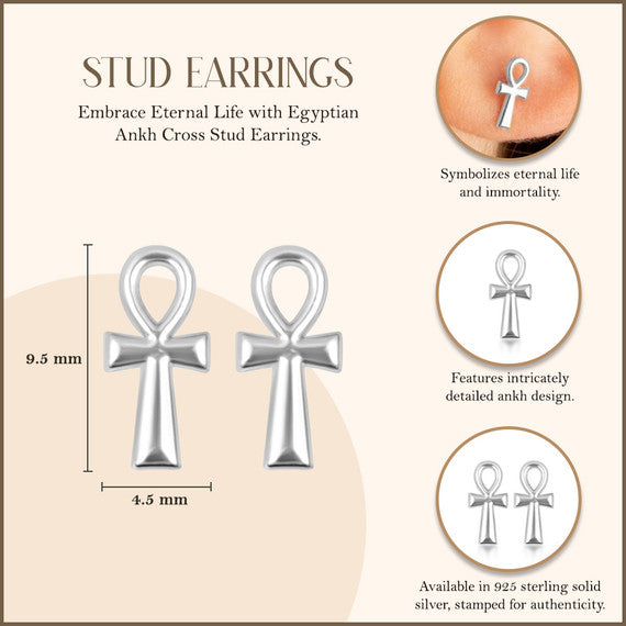.925 Sterling Silver Egyptian Ankh Cross Stud Earrings