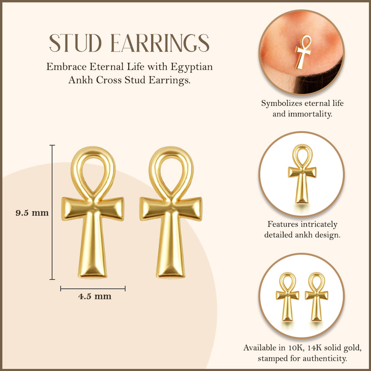 Yellow Gold Egyptian Ankh Cross Stud Earrings