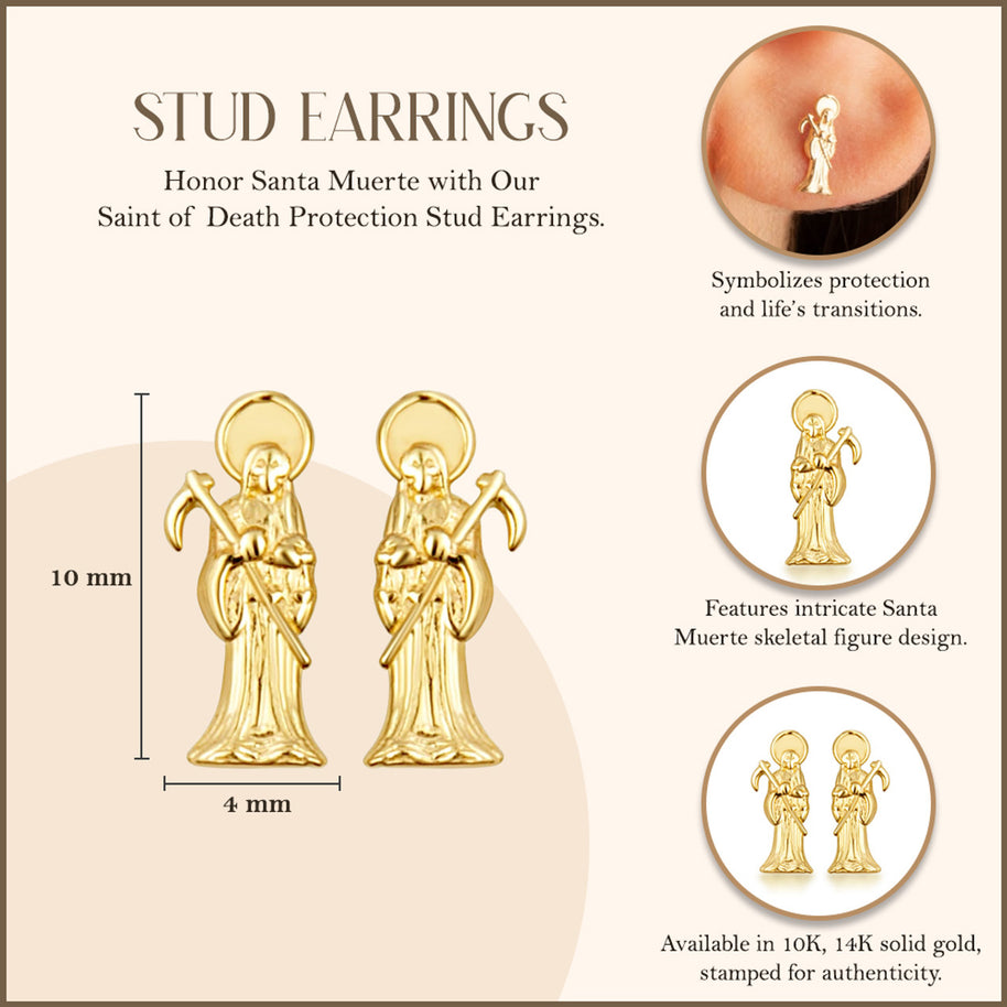 Yellow Gold Santa Muerte Saint Of Death & Protection Stud Earrings