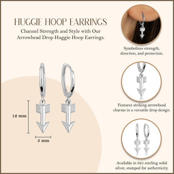 .925 Sterling Silver Arrowhead Drop Huggie Hoop Earrings