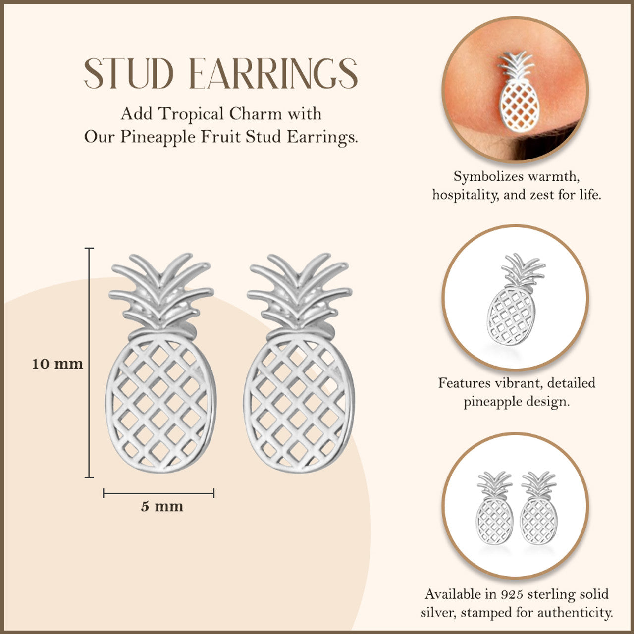 .925 Sterling Silver Pineapple Fruit Stud Earrings